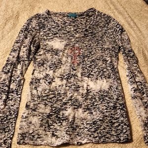 Cowgirl Hardware gray white burnout long-sleeve shirt with sequin cross XL